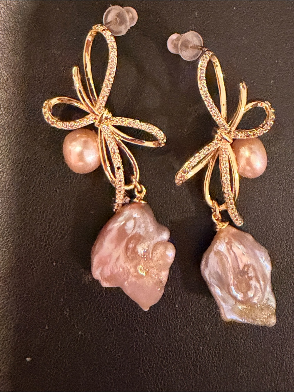 Genuine Freshwater Gold Bow Drop Earrings with Pink & Baroque Pearl